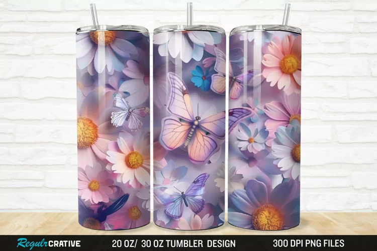 3D Colorful Butterflies And Flowers 20/30oz Skinny Tumbler
