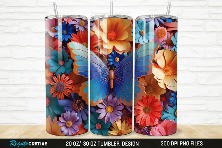 3D Colorful Butterfly Flowers 20/30oz Skinny Tumbler