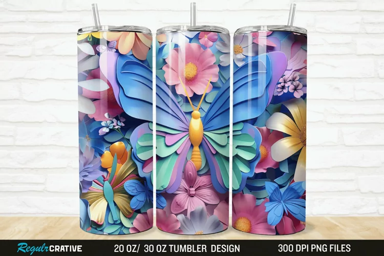 3D Colorful Butterfly Flowers 20/30oz Skinny Tumbler