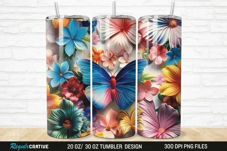 3D Colorful Butterfly Flowers 20/30oz Skinny Tumbler