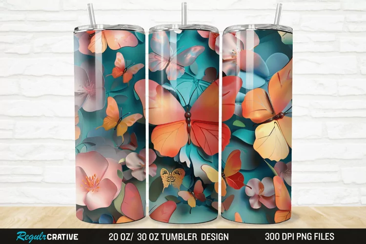 3D Colorful Butterfly Flowers 20/30oz Skinny Tumbler