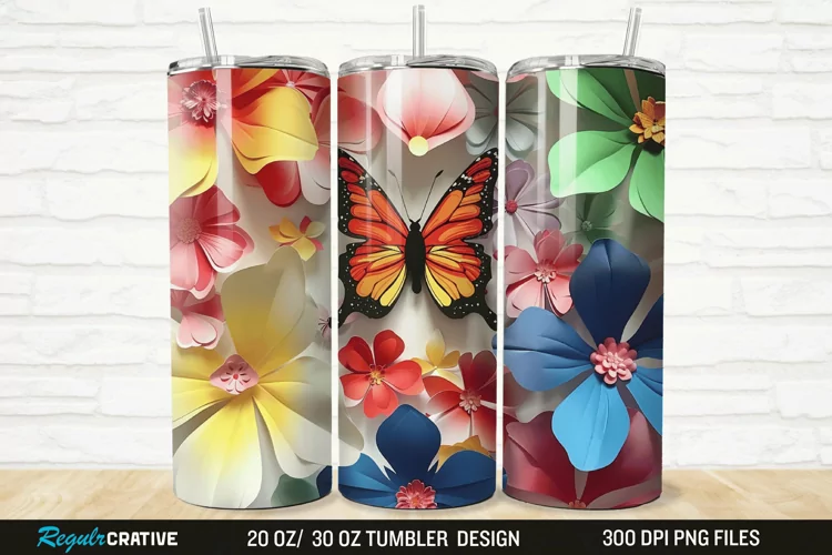 3D Colorful Butterfly Flowers 20/30oz Skinny Tumbler