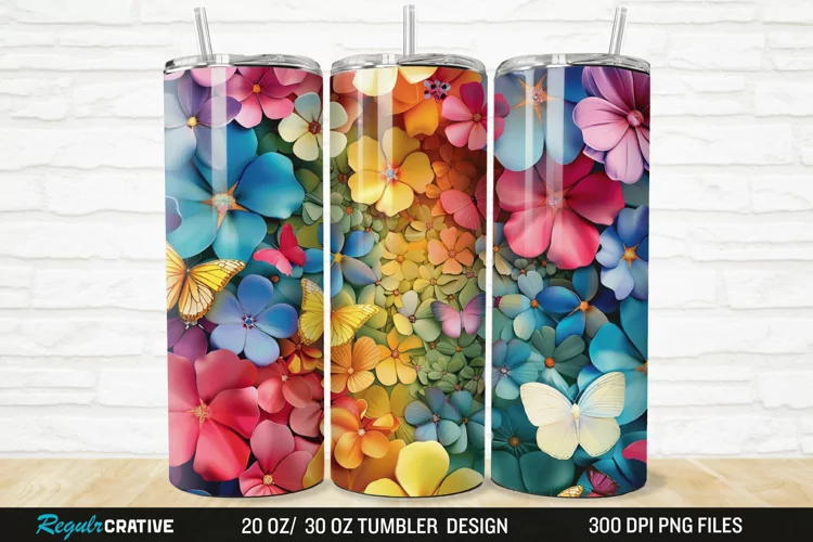 3D Colorful Butterfly Flowers 20/30oz Skinny Tumbler