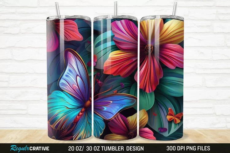 3D Colorful Butterfly Flowers 20/30oz Skinny Tumbler