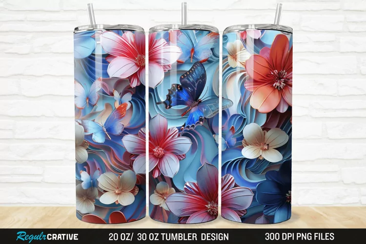 3D Colorful Butterfly Flowers 20/30oz Skinny Tumbler