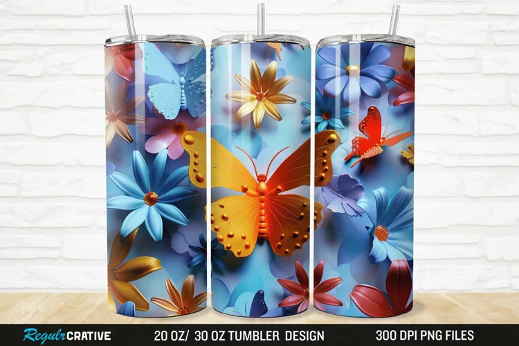 3D Colorful Butterfly Flowers 20/30oz Skinny Tumbler