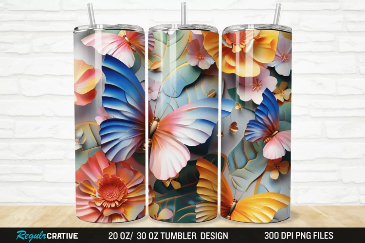 3D Colorful Butterfly Flowers 20/30oz Skinny Tumbler
