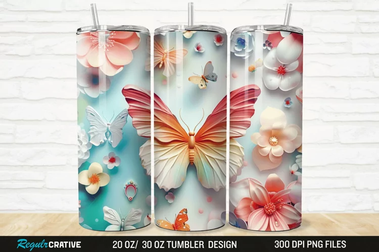 3D Colorful Butterfly Flowers 20/30oz Skinny Tumbler