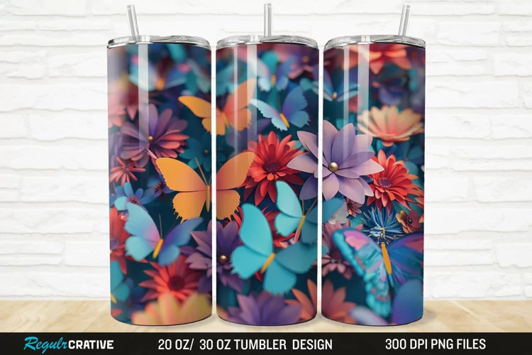 3D Colorful Butterfly Flowers 20/30oz Skinny Tumbler