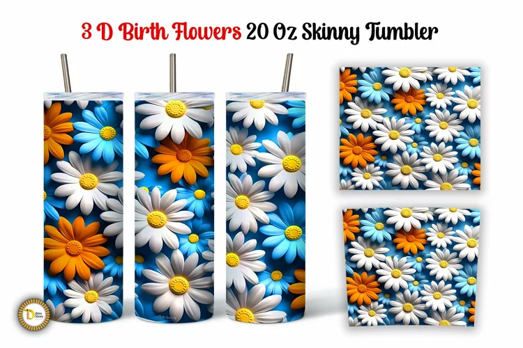3D Colorful Daisy April Flower 20 Oz Skinny Tumbler