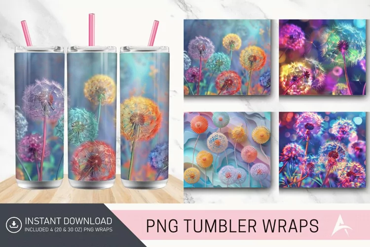 3D Colorful Dandelions Flowers Tumbler Wrap