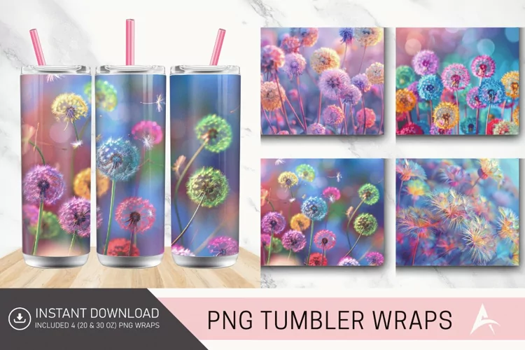 3D Colorful Dandelions Flowers Tumbler Wrap