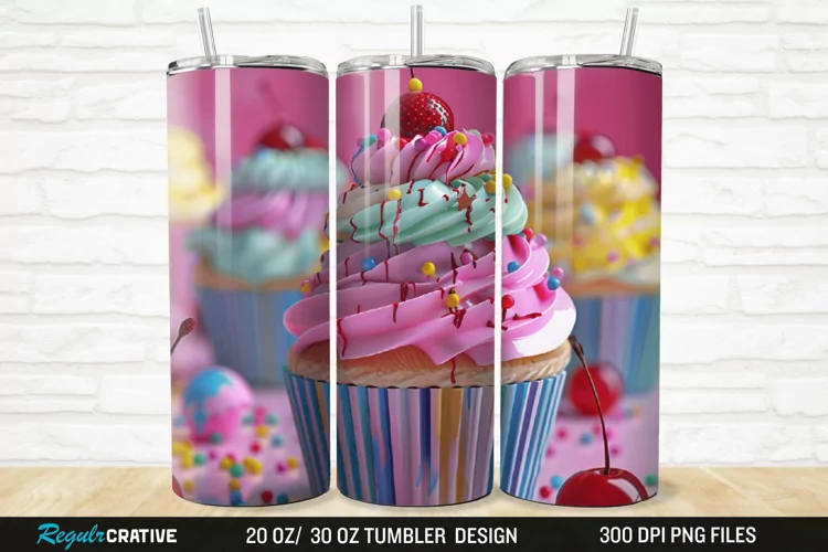 3D Colorful Delicious Cupcakes 20/30oz Skinny Tumbler