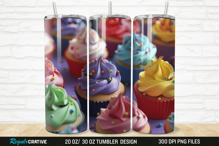 3D Colorful Delicious Cupcakes 20/30oz Skinny Tumbler