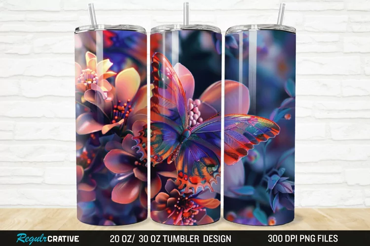 3D Colorful Flower Butterfly 20/30oz Skinny Tumbler