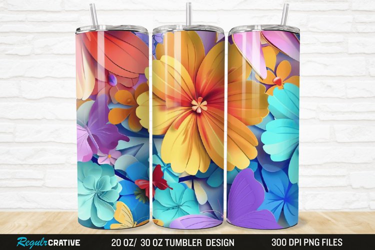 3D Colorful Flower Butterfly 20/30oz Skinny Tumbler example image 1
