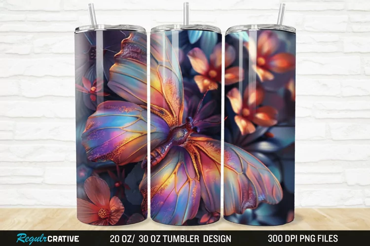 3D Colorful Flower Butterfly 20/30oz Skinny Tumbler