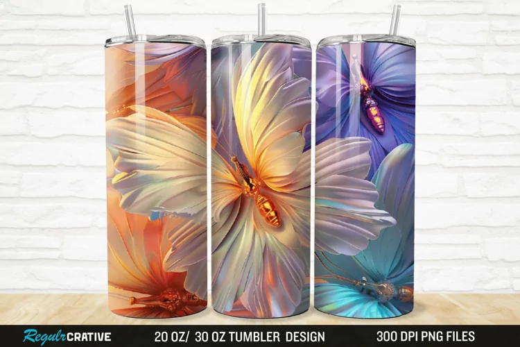 3D Colorful Flower Butterfly 20/30oz Skinny Tumbler