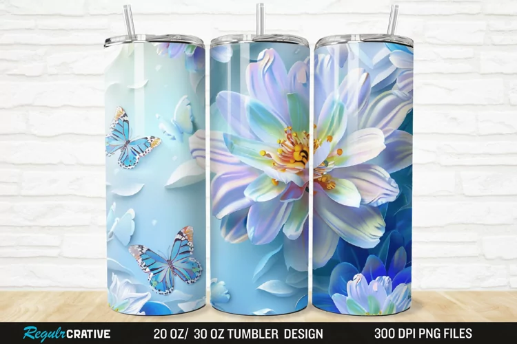 3D Colorful Flower Butterfly 20/30oz Skinny Tumbler