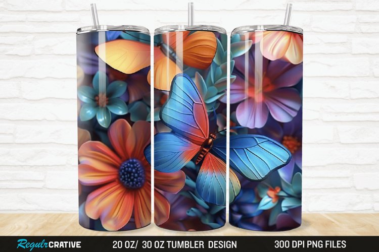 3D Colorful Flower Butterfly 20/30oz Skinny Tumbler example image 1