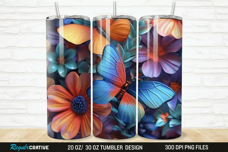 3D Colorful Flower Butterfly 20/30oz Skinny Tumbler
