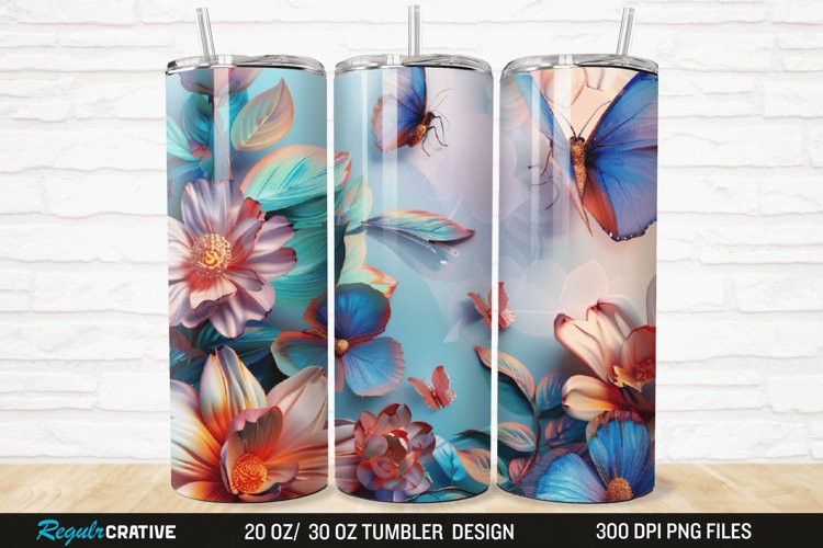 3D Colorful Flower Butterfly 20/30oz Skinny Tumbler