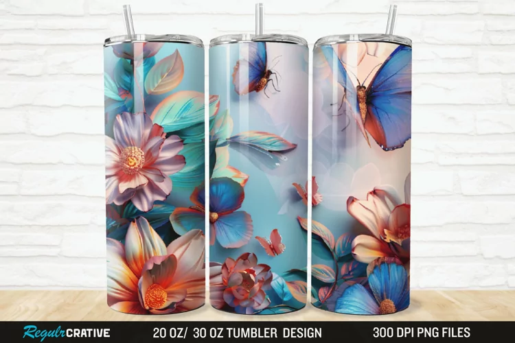 3D Colorful Flower Butterfly 20/30oz Skinny Tumbler