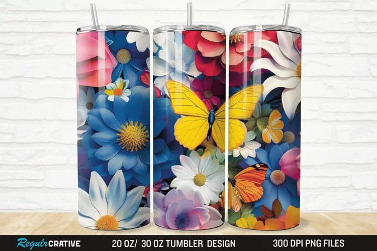3D Colorful Flower Butterfly 20/30oz Skinny Tumbler