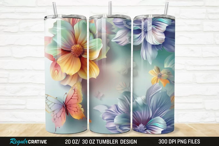3D Colorful Flower Butterfly 20/30oz Skinny Tumbler