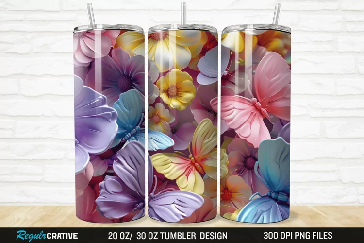 3D Colorful Flower Butterfly 20/30oz Skinny Tumbler