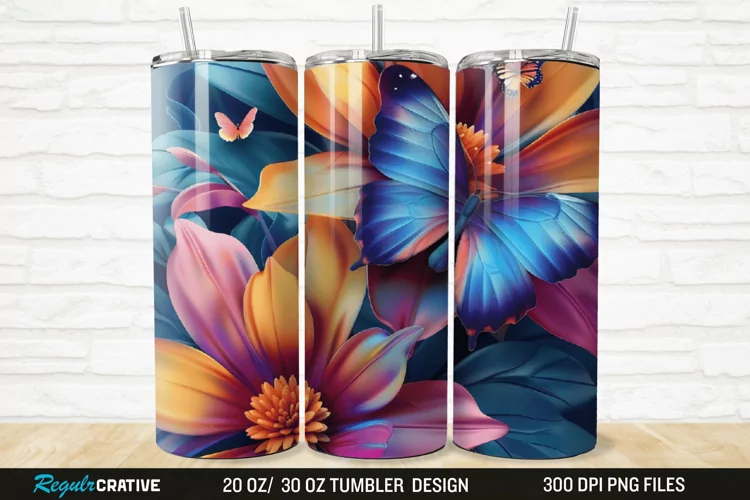 3D Colorful Flower Butterfly 20/30oz Skinny Tumbler
