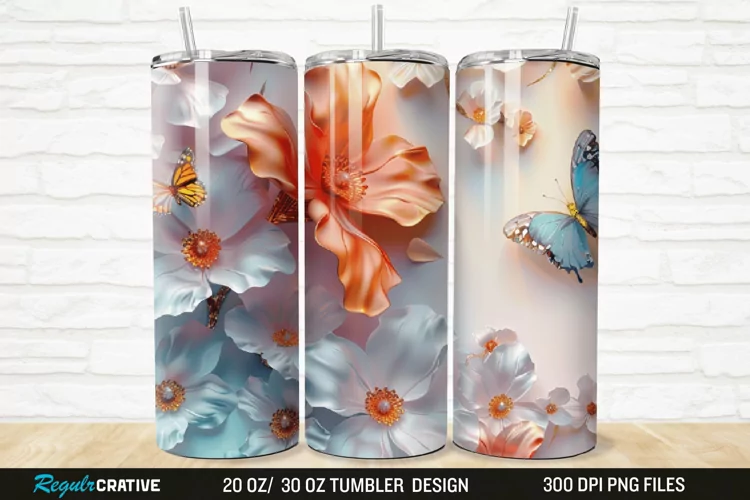 3D Colorful Flower Butterfly 20/30oz Skinny Tumbler