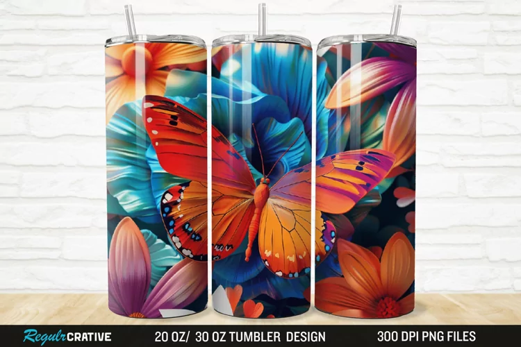 3D Colorful Flower Butterfly 20/30oz Skinny Tumbler