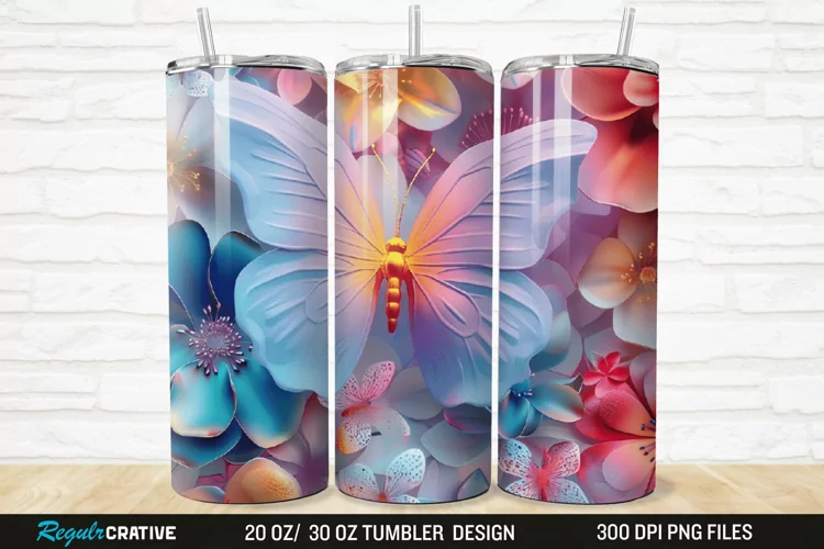 3D Colorful Flower Butterfly 20/30oz Skinny Tumbler