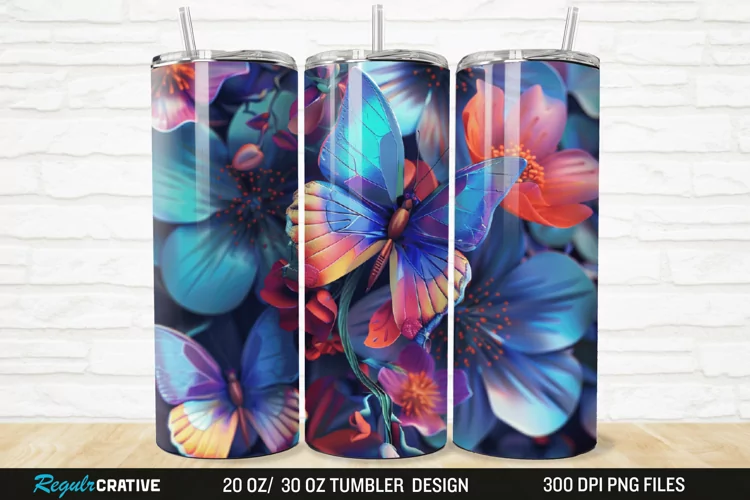 3D Colorful Flower Butterfly 20/30oz Skinny Tumbler