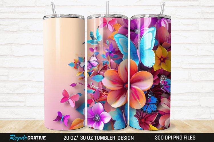 3D Colorful Flower Butterfly 20/30oz Skinny Tumbler example image 1