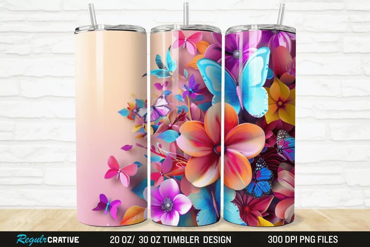 3D Colorful Flower Butterfly 20/30oz Skinny Tumbler