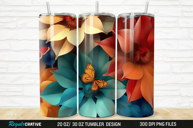 3D Colorful Flower Butterfly 20/30oz Skinny Tumbler