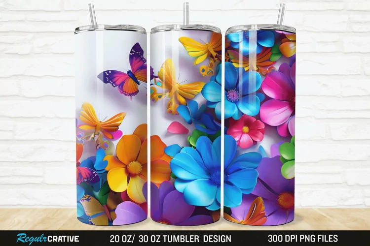 3D Colorful Flower Butterfly 20/30oz Skinny Tumbler