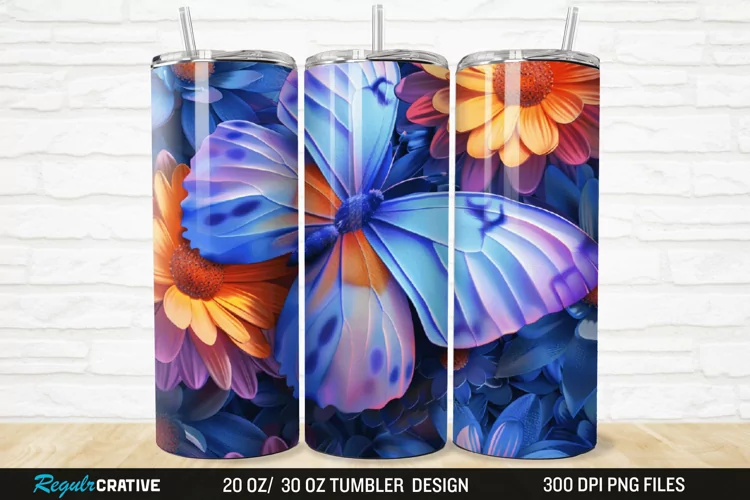 3D Colorful Flower Butterfly 20/30oz Skinny Tumbler