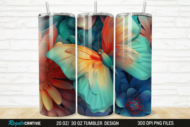 3D Colorful Flower Butterfly 20/30oz Skinny Tumbler