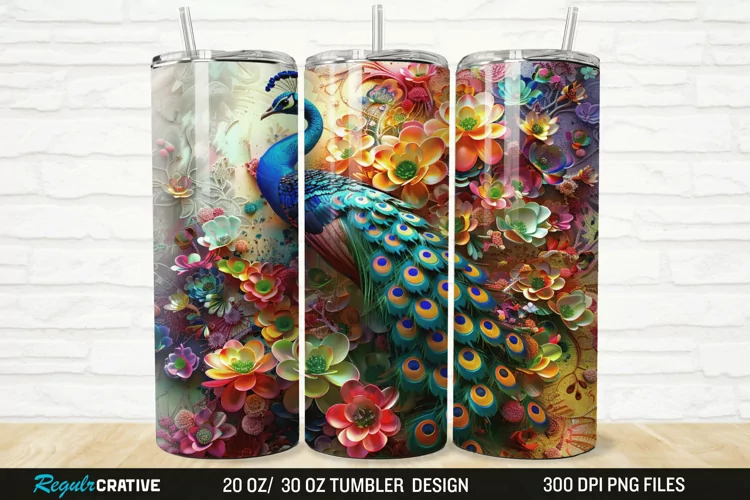 3D Colorful Flowers Peacock Floral 20/30oz Skinny Tumbler