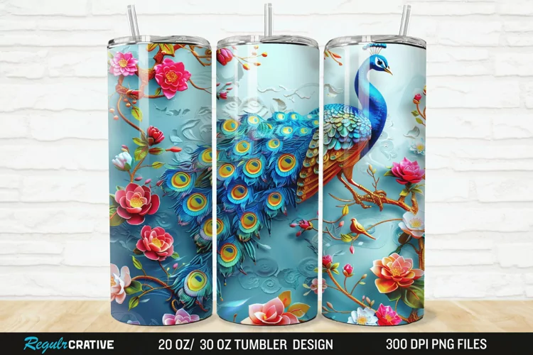 3D Colorful Flowers Peacock Floral 20/30oz Skinny Tumbler