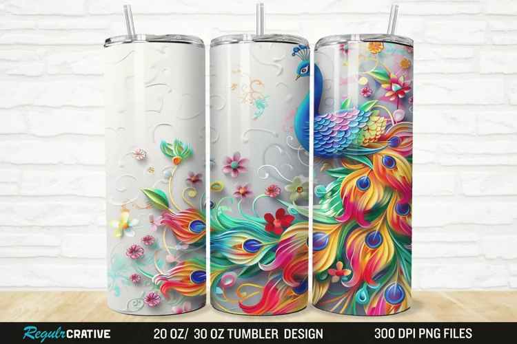 3D Colorful Flowers Peacock Floral 20/30oz Skinny Tumbler