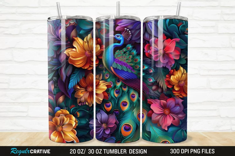 3D Colorful Flowers Peacock Floral 20/30oz Skinny Tumbler