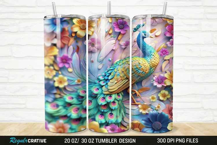 3D Colorful Flowers Peacock Floral 20/30oz Skinny Tumbler