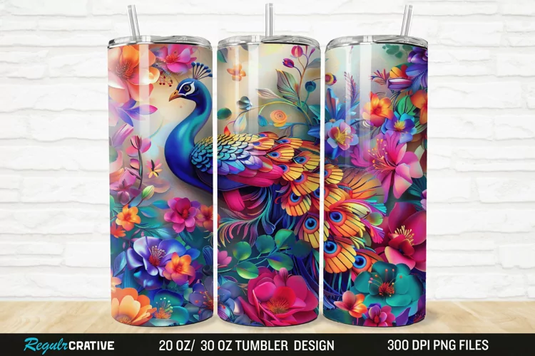 3D Colorful Flowers Peacock Floral 20/30oz Skinny Tumbler