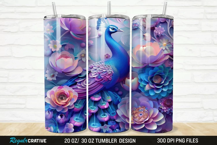 3D Colorful Flowers Peacock Floral 20/30oz Skinny Tumbler
