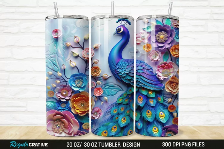 3D Colorful Flowers Peacock Floral 20/30oz Skinny Tumbler