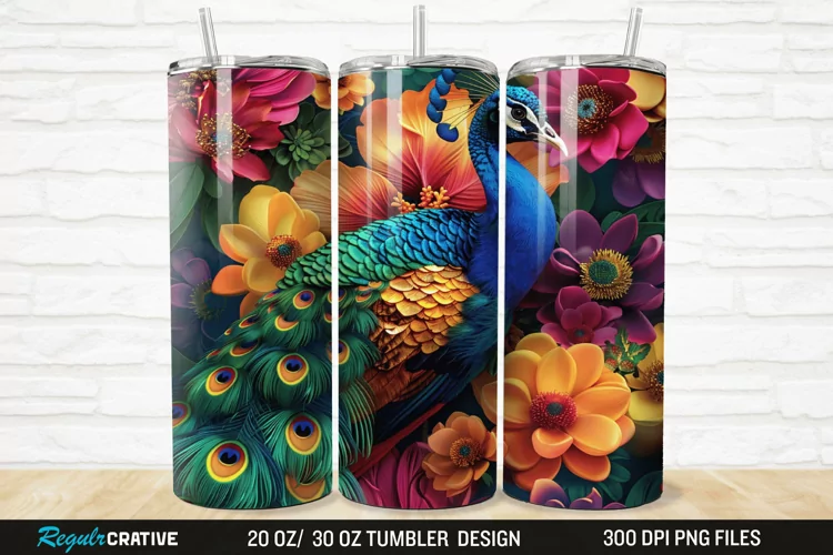 3D Colorful Flowers Peacock Floral 20/30oz Skinny Tumbler